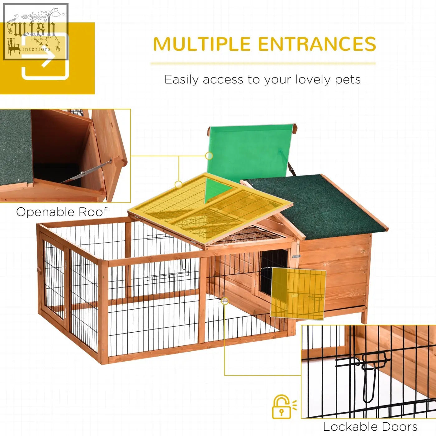 Pawhut wooden rabbit hutch with enclosed main house, green yellow roof panels, metal wire fencing, and lockable doors