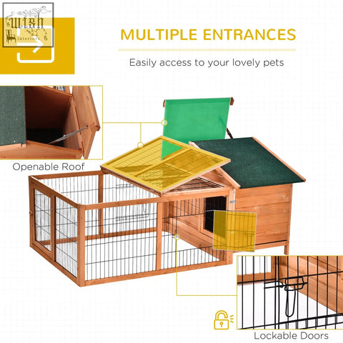 Pawhut wooden rabbit hutch with enclosed main house, green yellow roof panels, metal wire fencing, and lockable doors