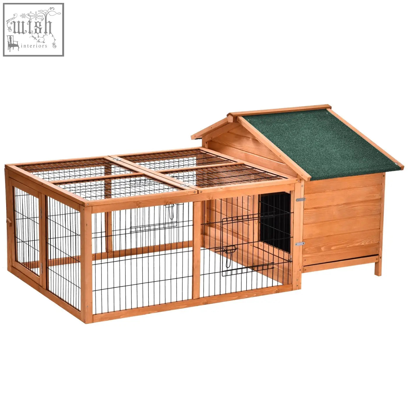 Wooden rabbit hutch with green roof and black metal wire panels featuring an enclosed main house and openable run