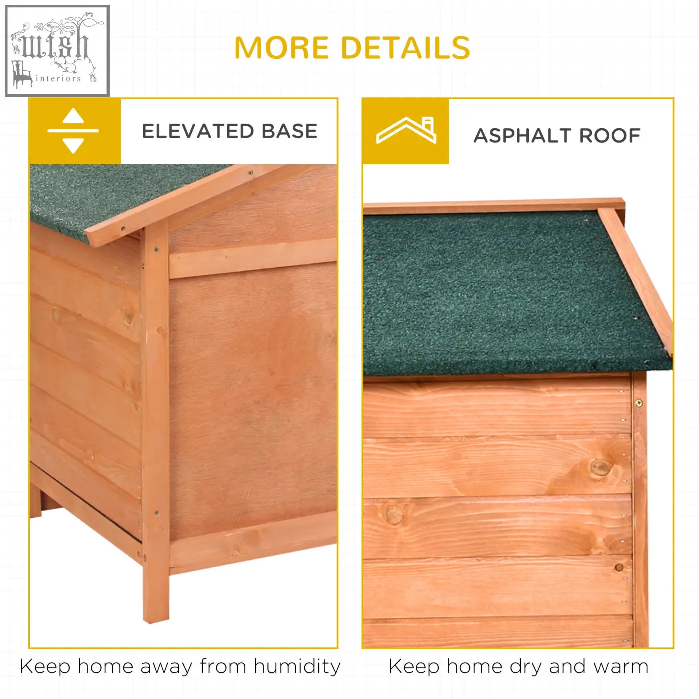 Wooden pawhut pet house with green asphalt roof and elevated base features an enclosed main house for rabbits and guinea pigs