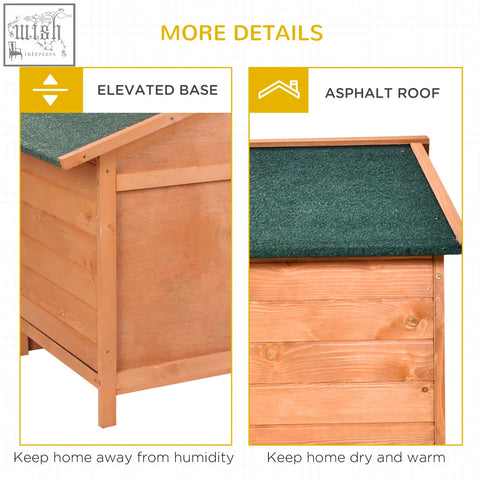 Wooden pawhut pet house with green asphalt roof and elevated base features an enclosed main house for rabbits and guinea pigs
