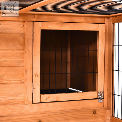 Light brown wooden door with black metal grid panel and silver hinges for pawhut enclosed main house pet hutch