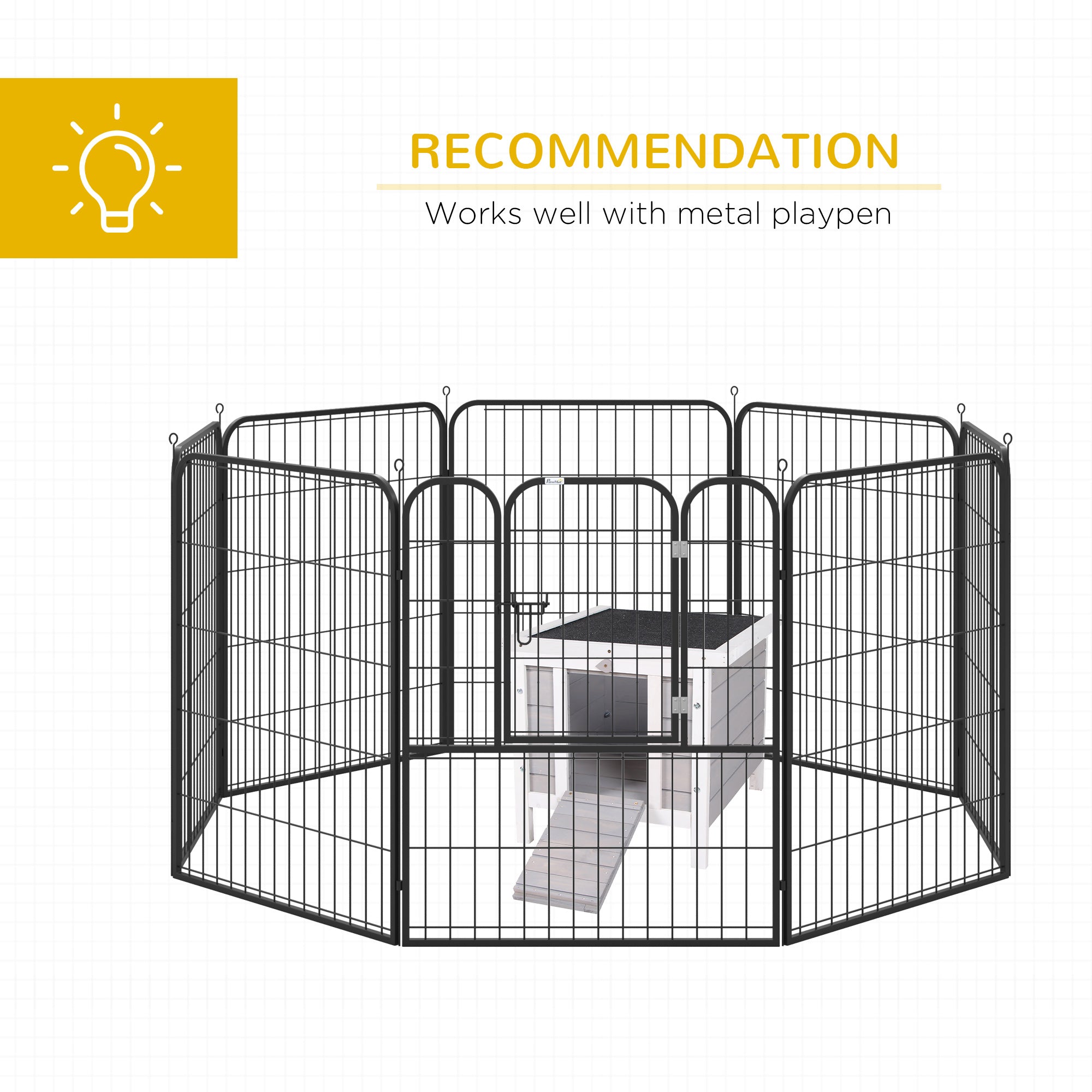 Black metal pet playpen with hexagonal design and attached dog house for small animals like rabbits and guinea pigs