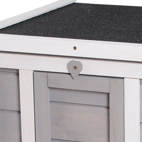 White wooden pawhut rabbit hutch with fir wood frame and asphalt roof featuring heart-shaped handle in grey