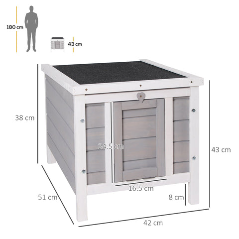 Gray pawhut wooden rabbit hutch with white trim, fir wood build, and black asphalt roof for small pets outdoors