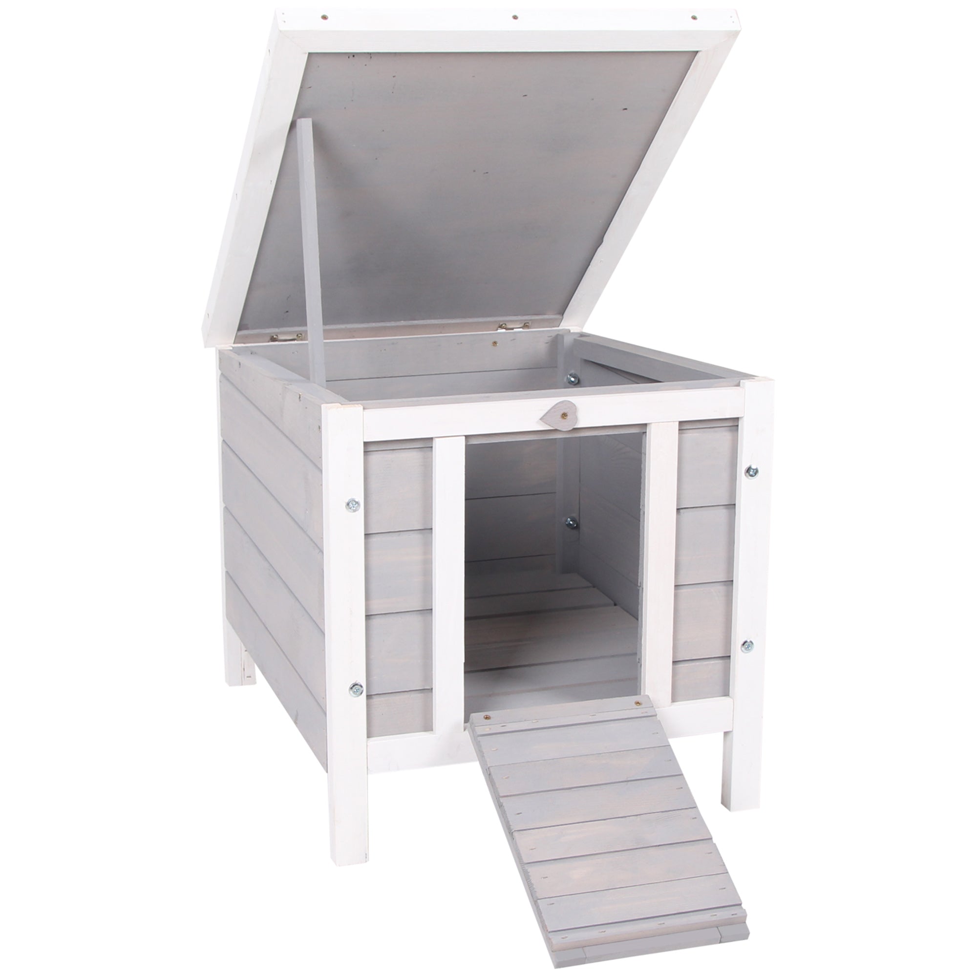 Pawhut wooden rabbit hutch with asphalt roof and fir wood frame in white and gray with hinged roof and ramp