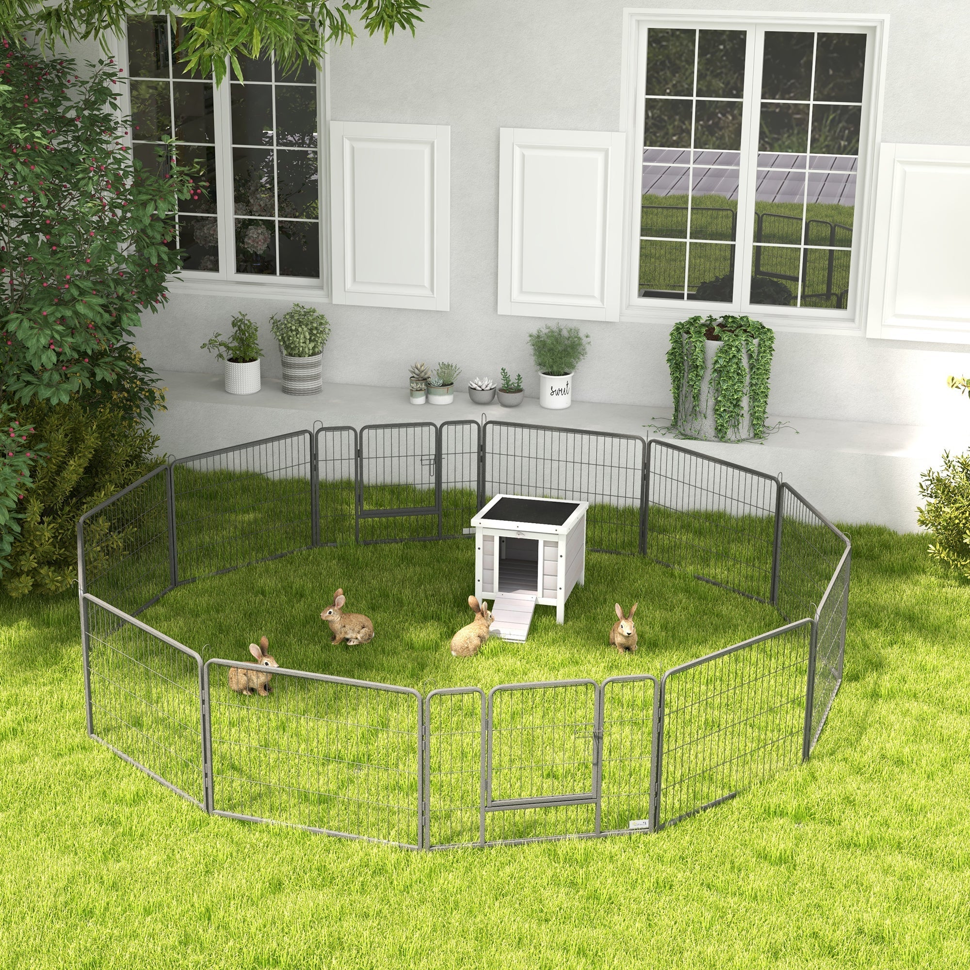 Gray metal pet pen with pawhut wooden rabbit hutch featuring an asphalt roof and door ramp for small animals