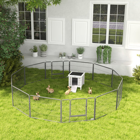 Gray metal pet pen with pawhut wooden rabbit hutch featuring an asphalt roof and door ramp for small animals