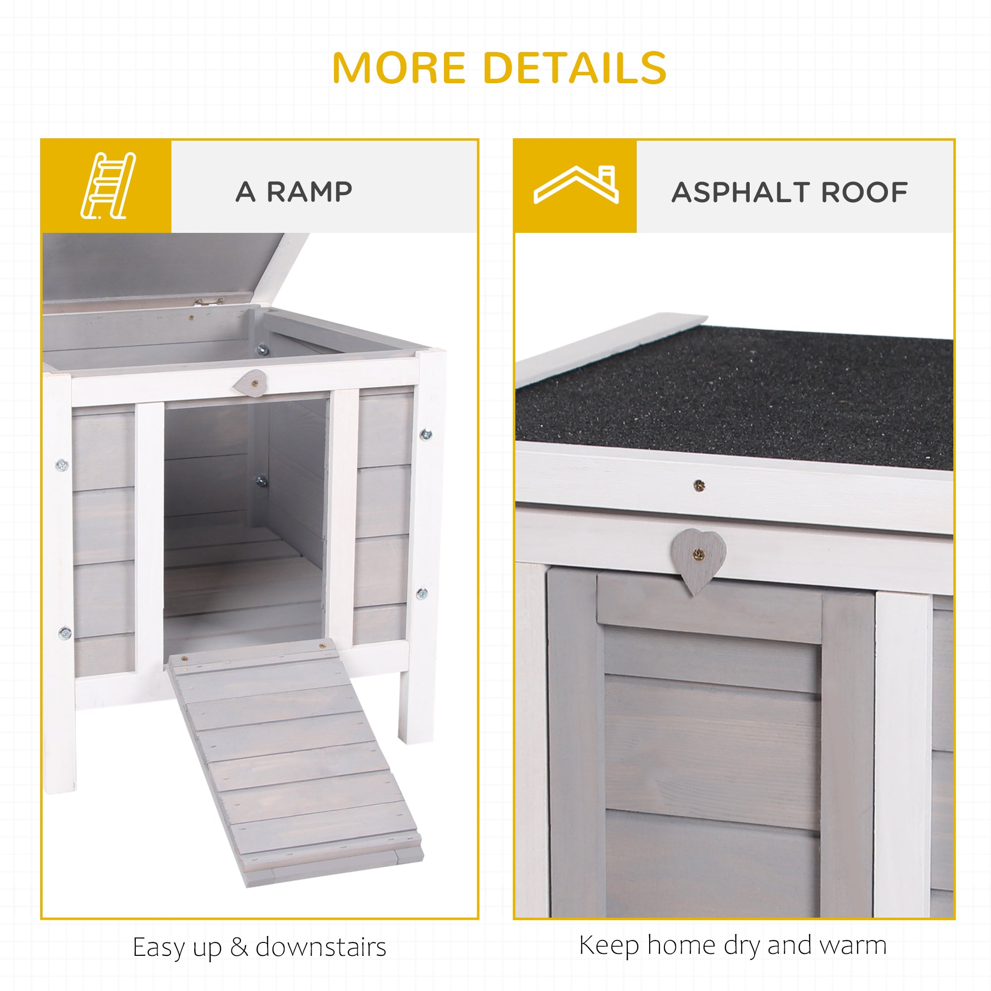 Pawhut wooden rabbit hutch in white and gray with asphalt roof and door ramp for easy access small animal house