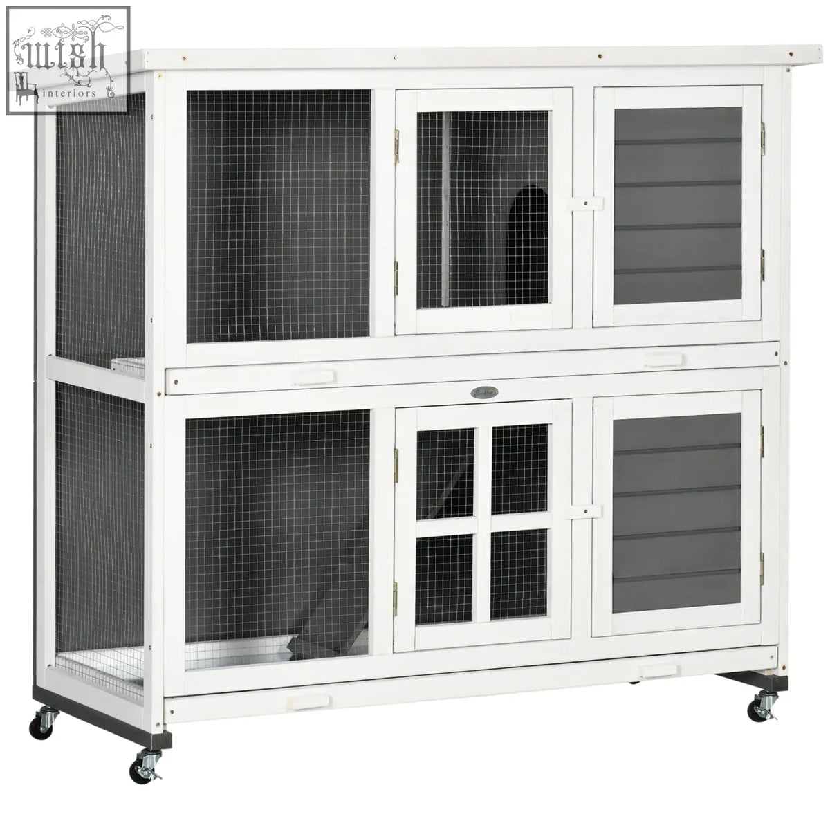 White two-level pawhut wooden rabbit hutch with wire mesh panels gray interior partitions multiple doors for small pets