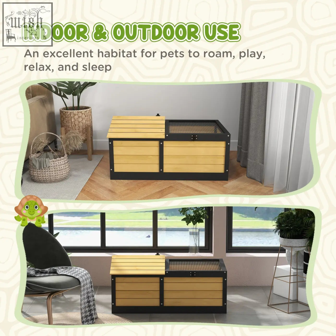 Pawhut wooden tortoise house with built-in hide box and black metal run in yellow for small pets indoor outdoor use