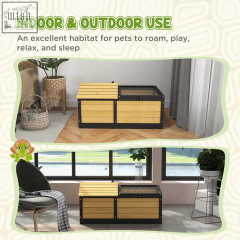 Pawhut wooden tortoise house with built-in hide box and black metal run in yellow for small pets indoor outdoor use