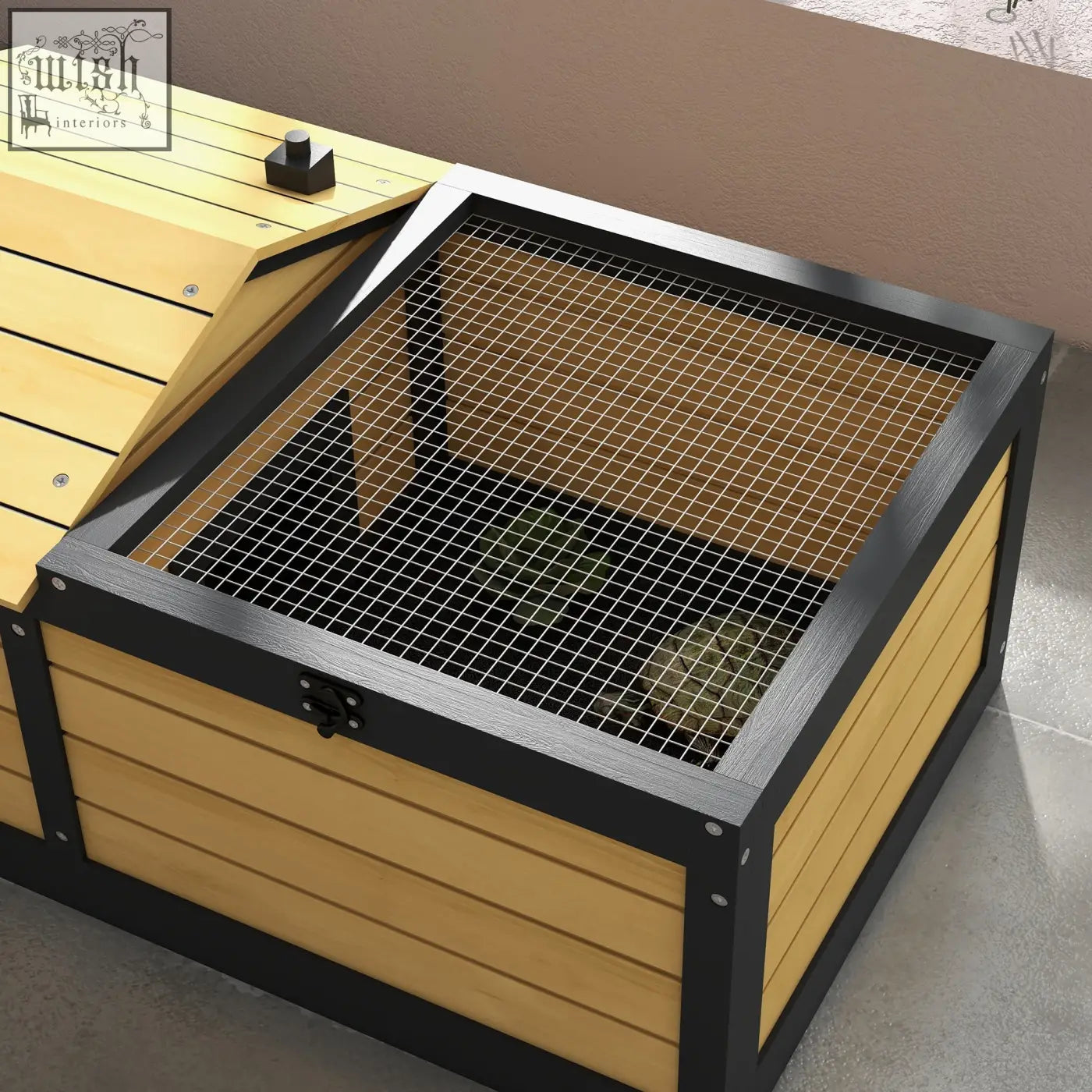 Pawhut wooden tortoise house in yellow with black metal mesh top slanted lid and built-in hide box for small pets