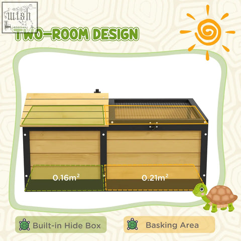 Pawhut wooden tortoise house in yellow with black metal frame featuring a built-in hide box and basking area