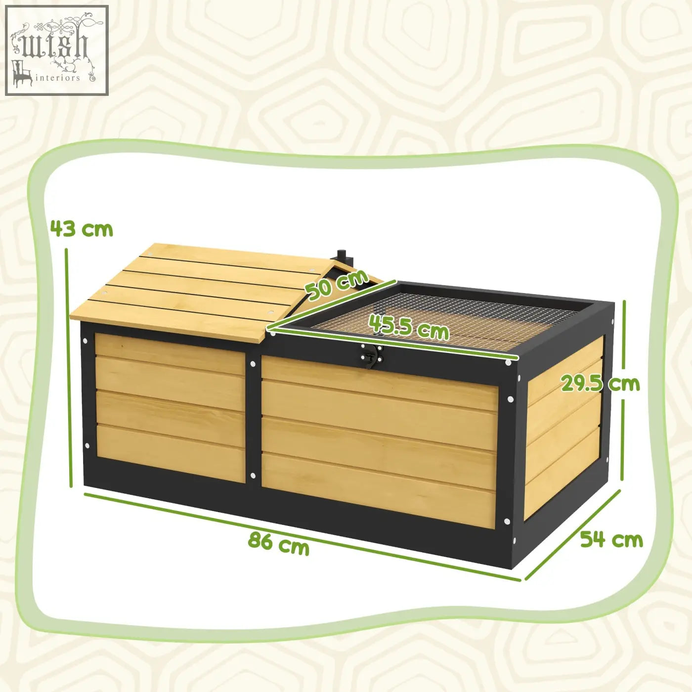 Pawhut wooden tortoise house in yellow with built-in hide box featuring black metal mesh floor and light wood panels