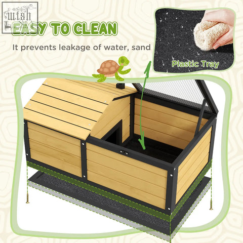 Pawhut wooden tortoise house with yellow built-in hide and black metal frame for small pet reptiles