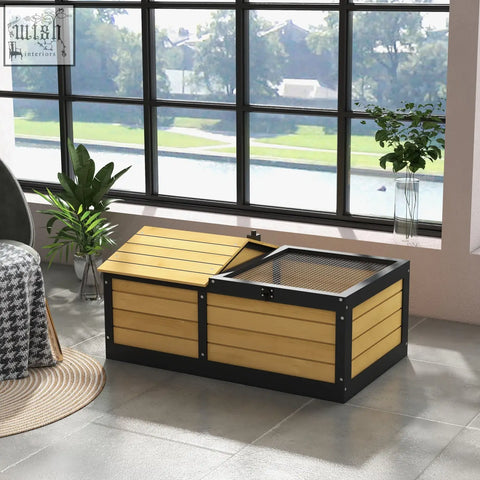 Rectangular yellow pawhut wooden tortoise house with black metal frame and built-in hide box, open side showing mesh bottom