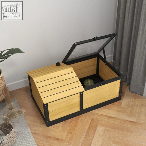 Pawhut yellow wooden tortoise house with black metal frame and mesh lid featuring built-in hide box for small pets