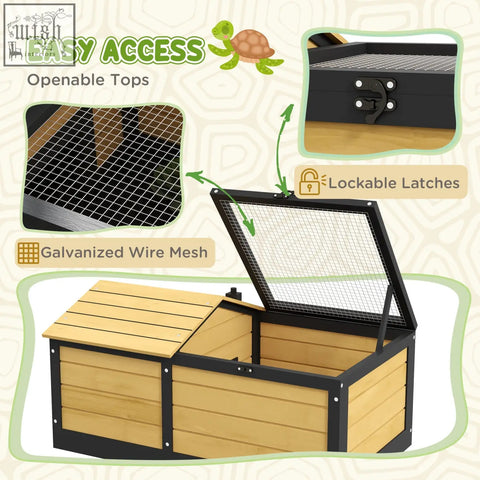 Black and light wood pawhut tortoise house with galvanized wire mesh top and built-in hide box for small pets