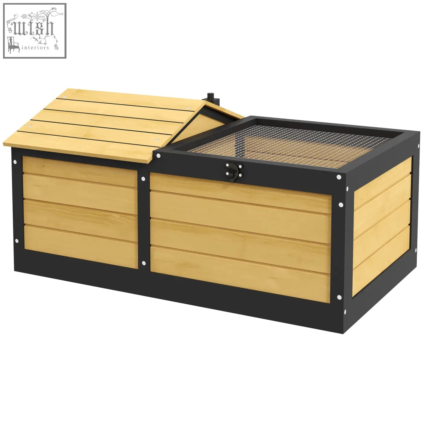 Pawhut wooden tortoise house in yellow with black metal wire mesh and built-in hide box for small pet reptiles