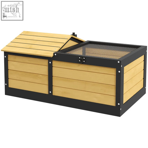 Pawhut wooden tortoise house in yellow with black metal wire mesh and built-in hide box for small pet reptiles