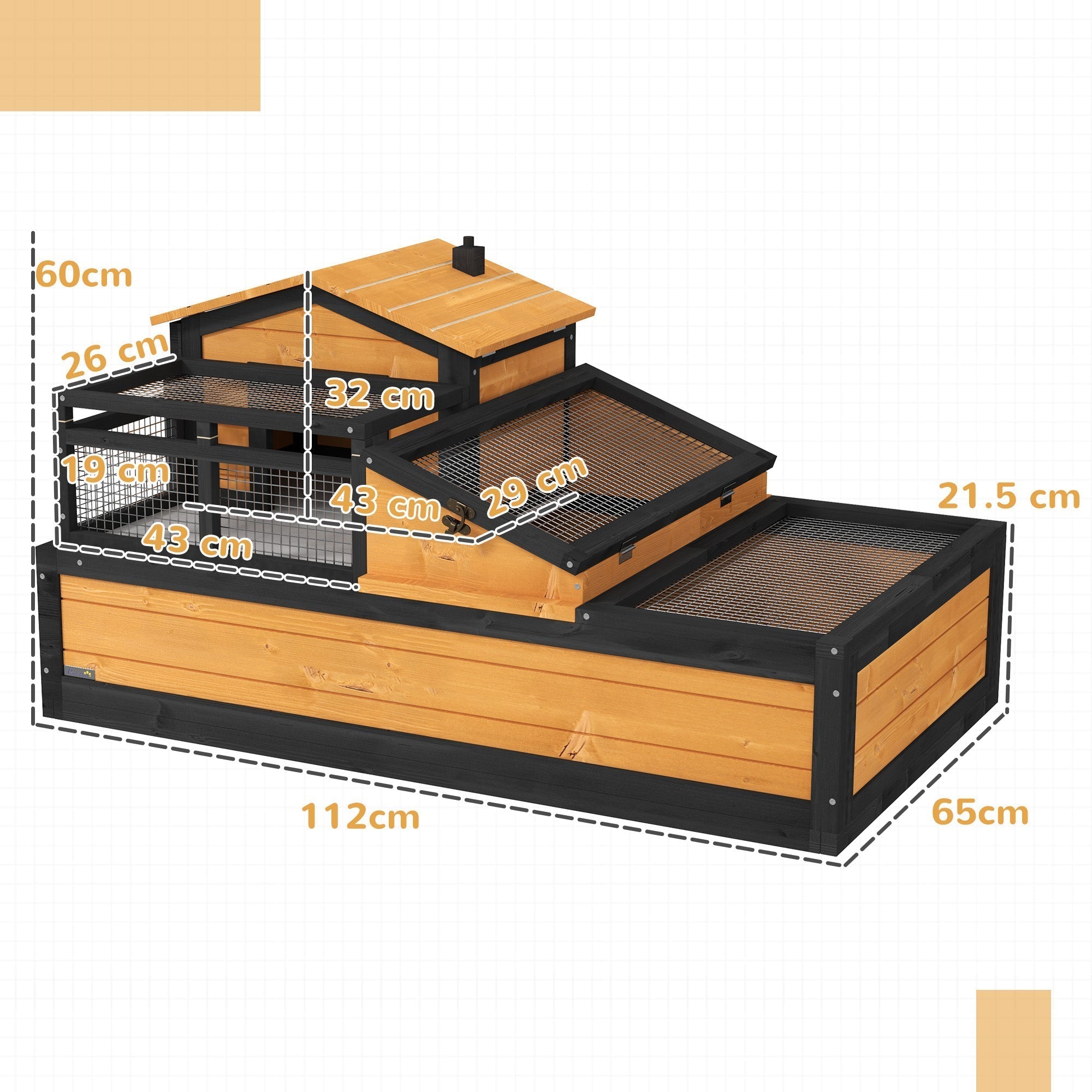 Pawhut wooden tortoise house in yellow with two levels black metal frame mesh panels and openable roof for indoor outdoor use