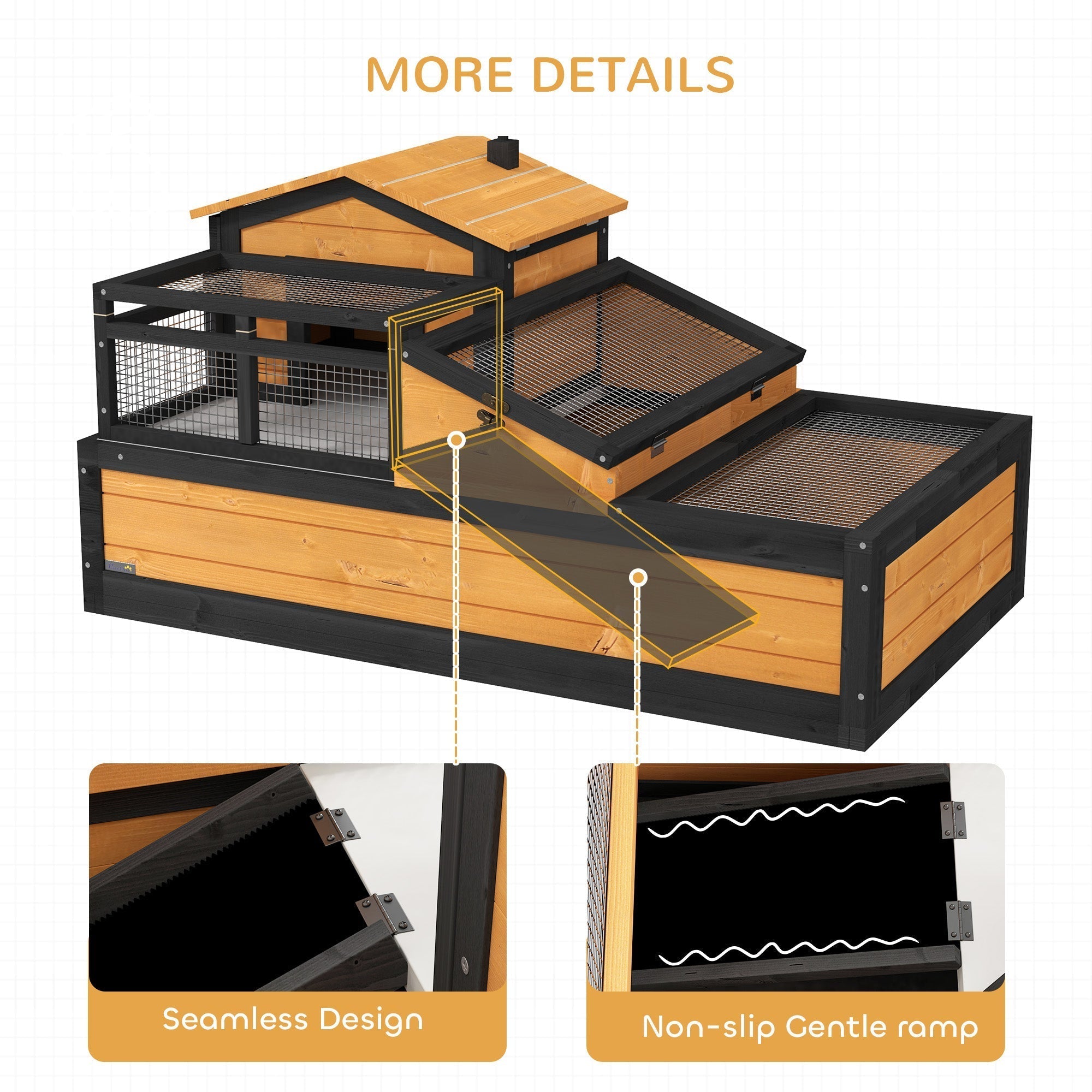 Pawhut wooden tortoise house with two levels yellow wooden frame black metal mesh panels and openable roof for indoor outdoor
