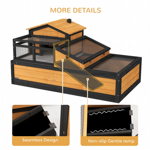 Pawhut wooden tortoise house with two levels yellow wooden frame black metal mesh panels and openable roof for indoor outdoor
