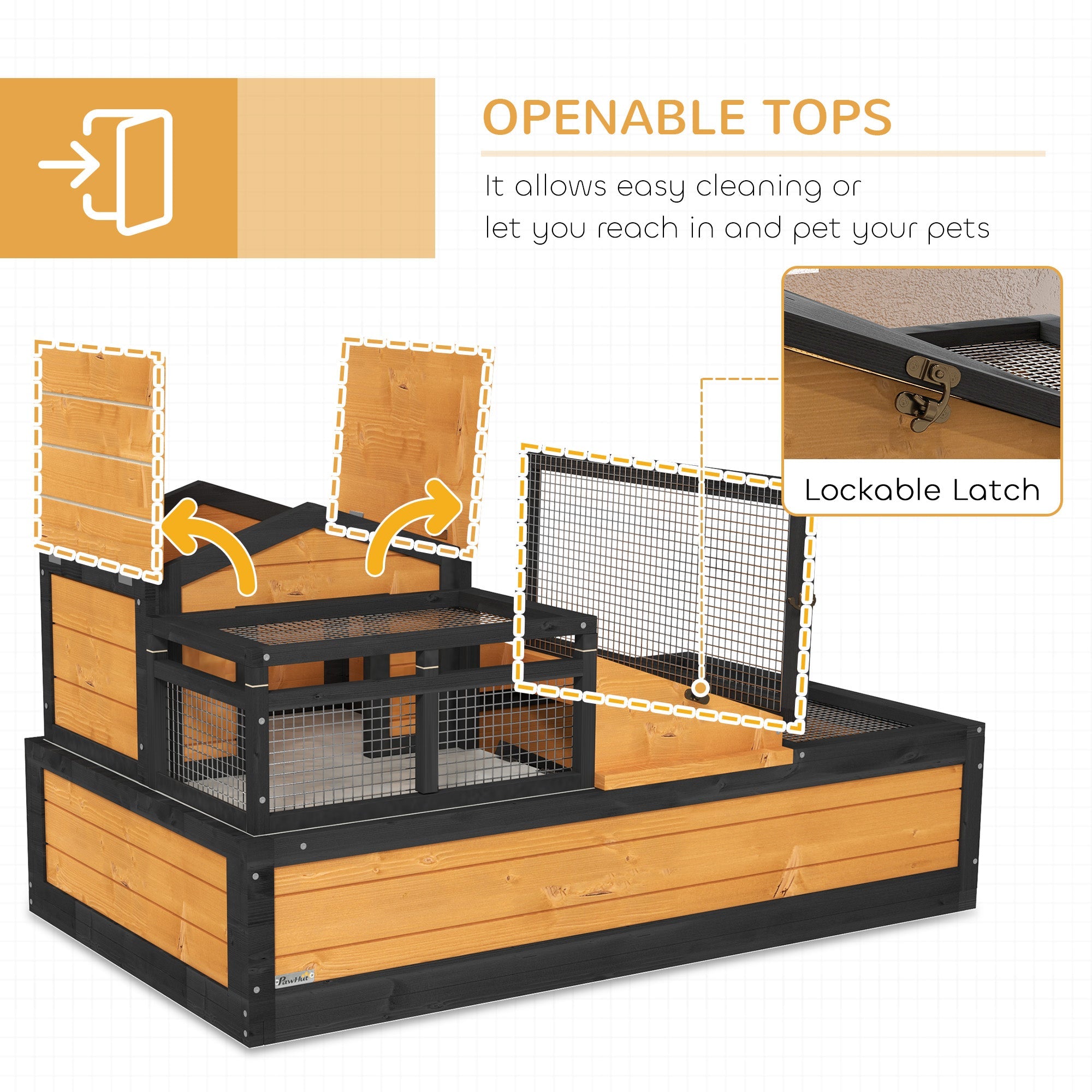 Pawhut wooden and black metal tortoise house with two levels, openable roof, balcony, tray, and lockable latch in yellow