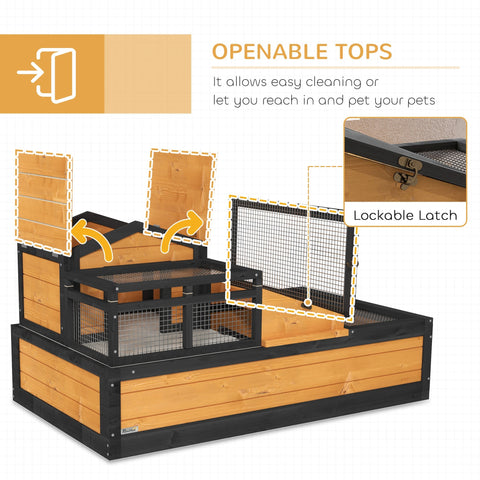 Pawhut wooden and black metal tortoise house with two levels, openable roof, balcony, tray, and lockable latch in yellow