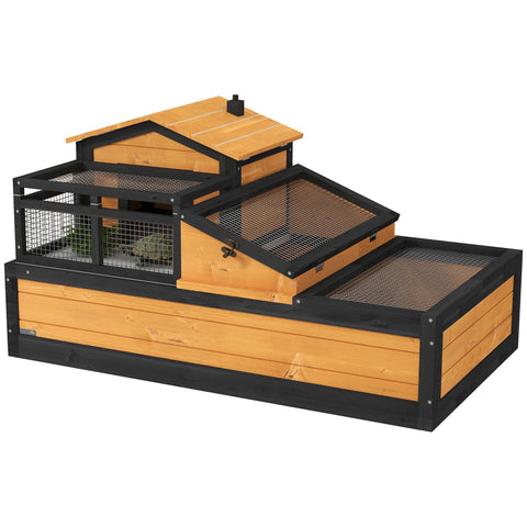 Pawhut wooden tortoise house in yellow with two levels black metal frame openable roof for indoor and outdoor use