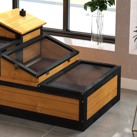 Pawhut wooden tortoise house in yellow with two levels openable roof balcony tray for indoor and outdoor use