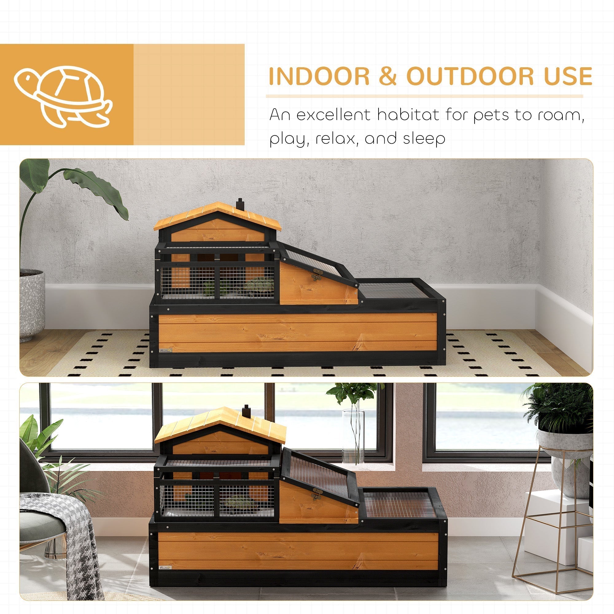 Pawhut wooden tortoise house with two levels yellow metal mesh and openable slanted roof for indoor and outdoor use