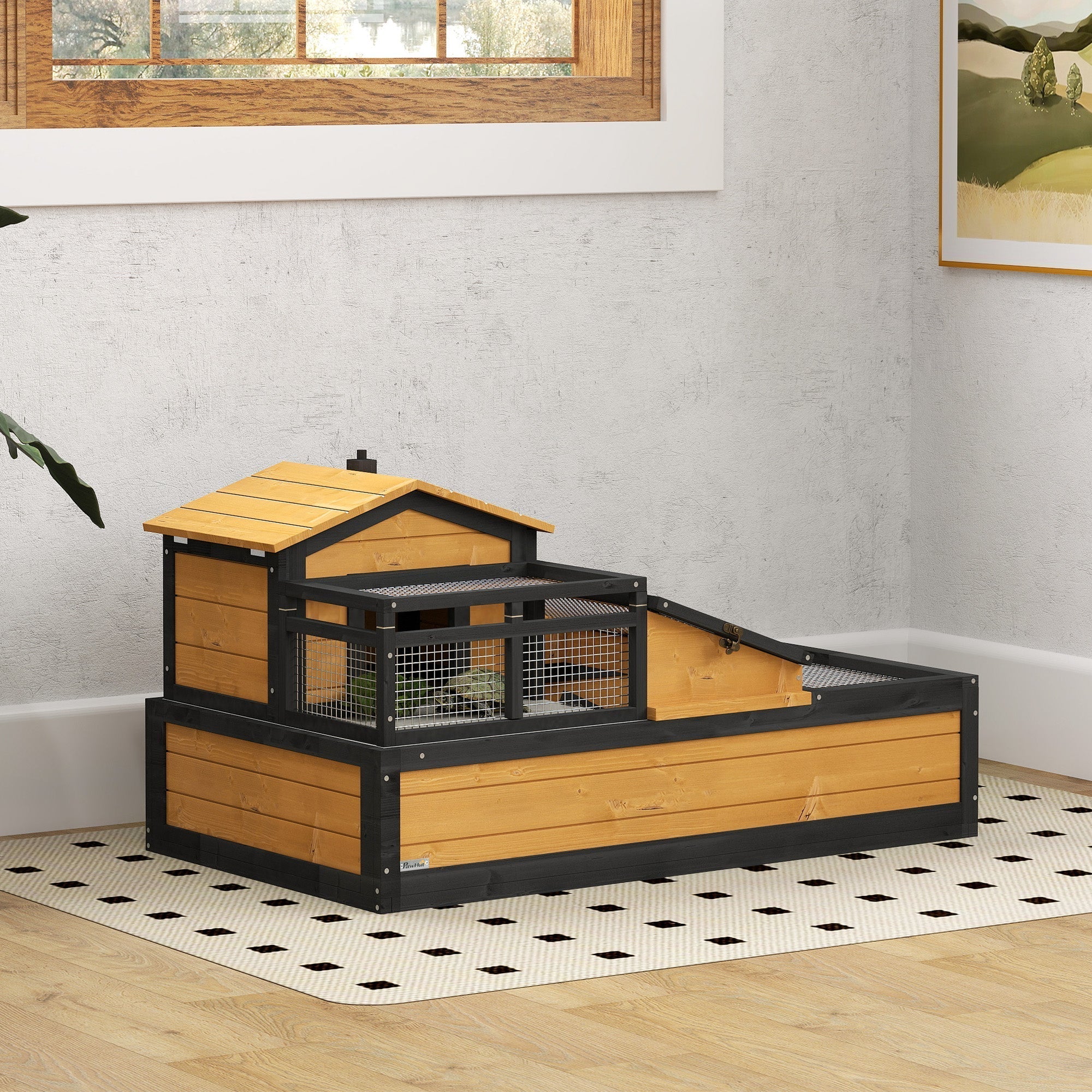 Two-tone wooden tortoise house with black frame, two levels, openable roof, and wire mesh for indoor outdoor use