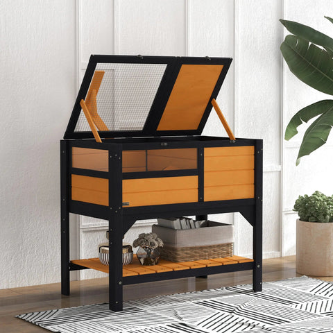 Black and orange wooden pawhut tortoise house with mesh top and two front drawers 81l x 48wcm 32h x 44l
