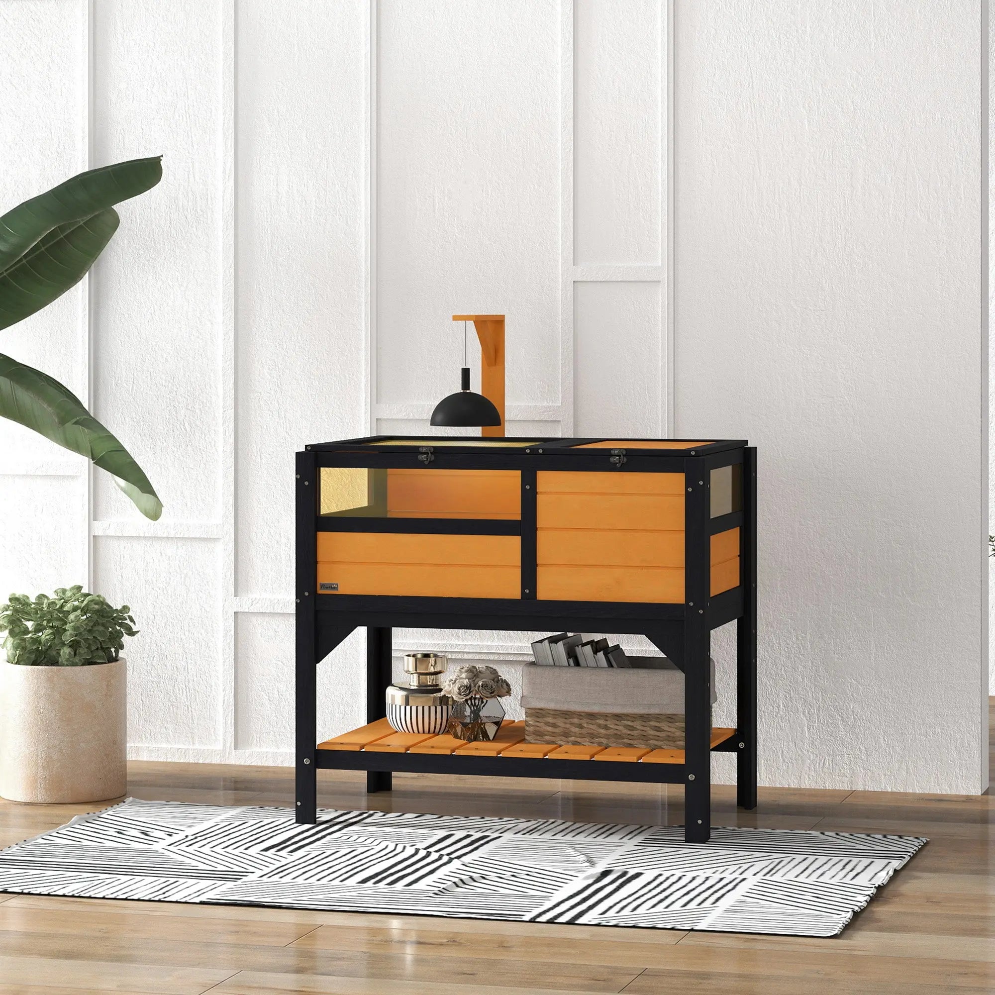 Black and orange wooden tortoise house with glass panels, lower shelf, and lamp holder 81l x 48wcm pawhut