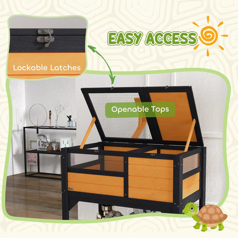 Black and orange pawhut wooden tortoise house with lockable latches openable tops 32h x 44l cm 81l x 48wcm