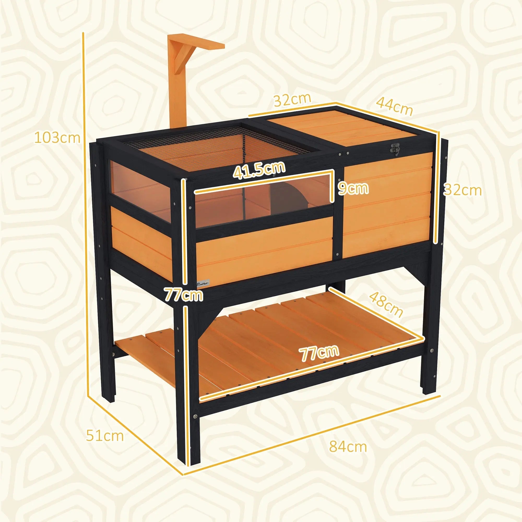 Pawhut wooden tortoise house in black and light brown with mesh panels and slanted roof measures 32h x 44l inches