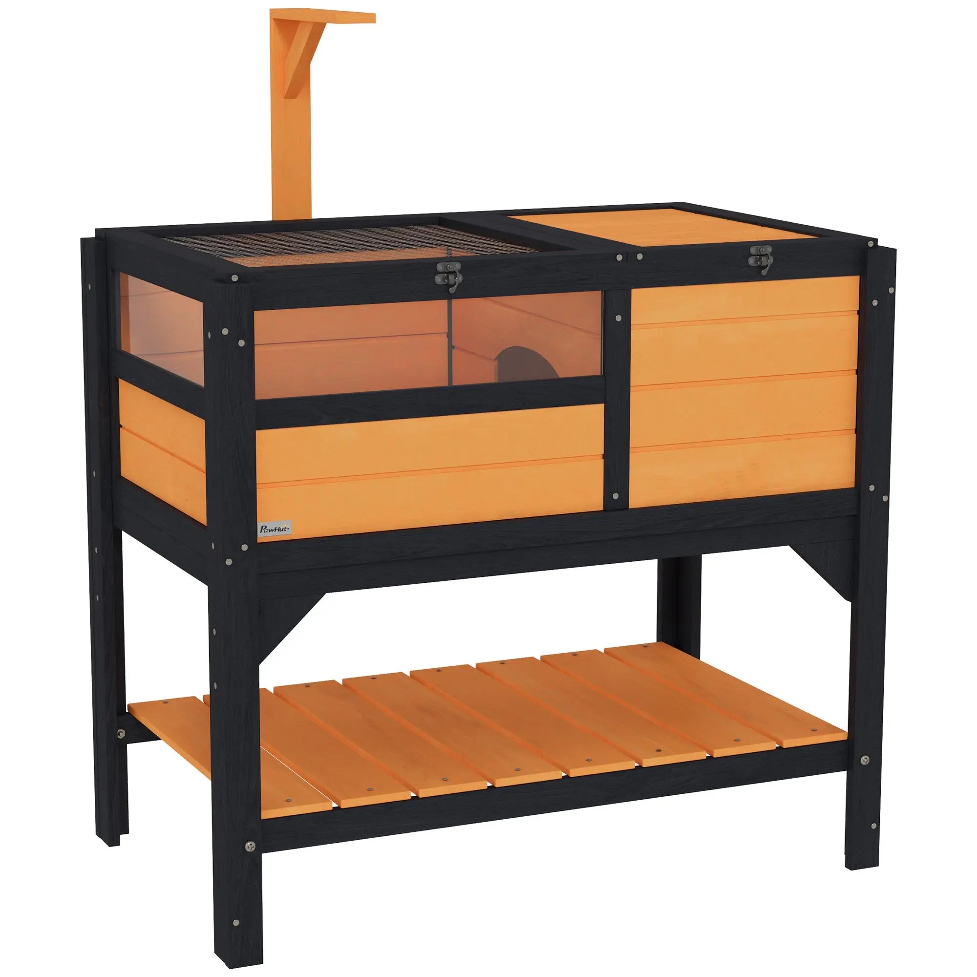 Pawhut wooden tortoise house 32h x 44l cm black frame with orange panels mesh top two compartments and shelf