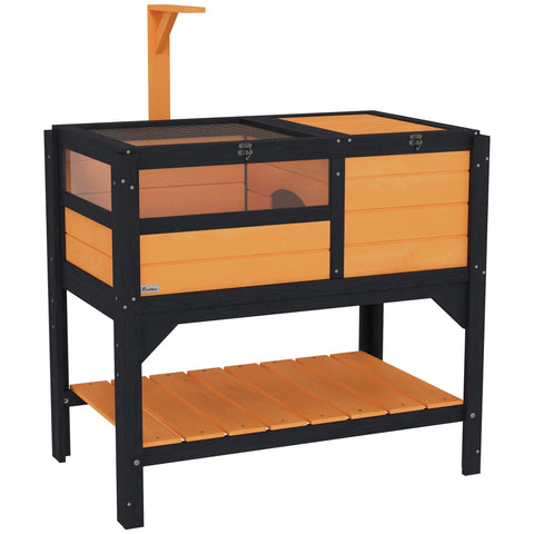 Pawhut wooden tortoise house 32h x 44l cm black frame with orange panels mesh top two compartments and shelf