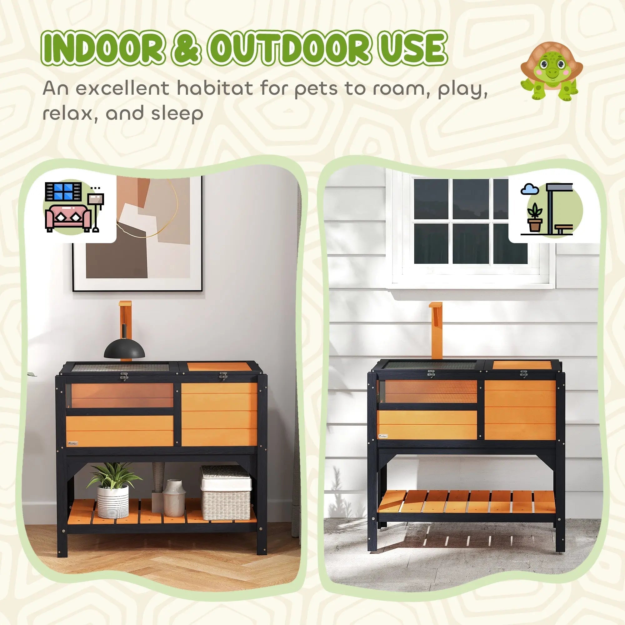 Pawhut wooden tortoise house in black and orange with glass panels 32h x 44l inch for indoor or outdoor use