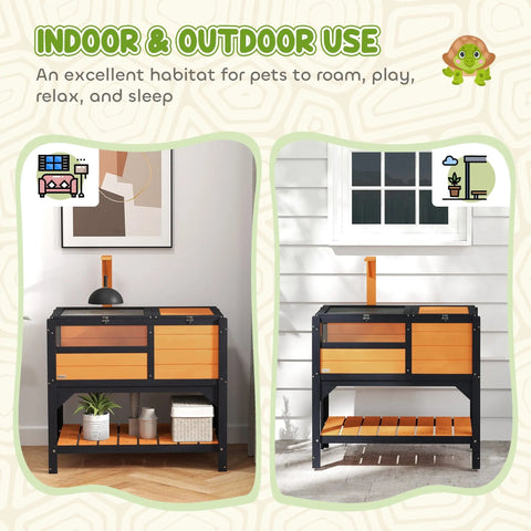 Pawhut wooden tortoise house in black and orange with glass panels 32h x 44l inch for indoor or outdoor use