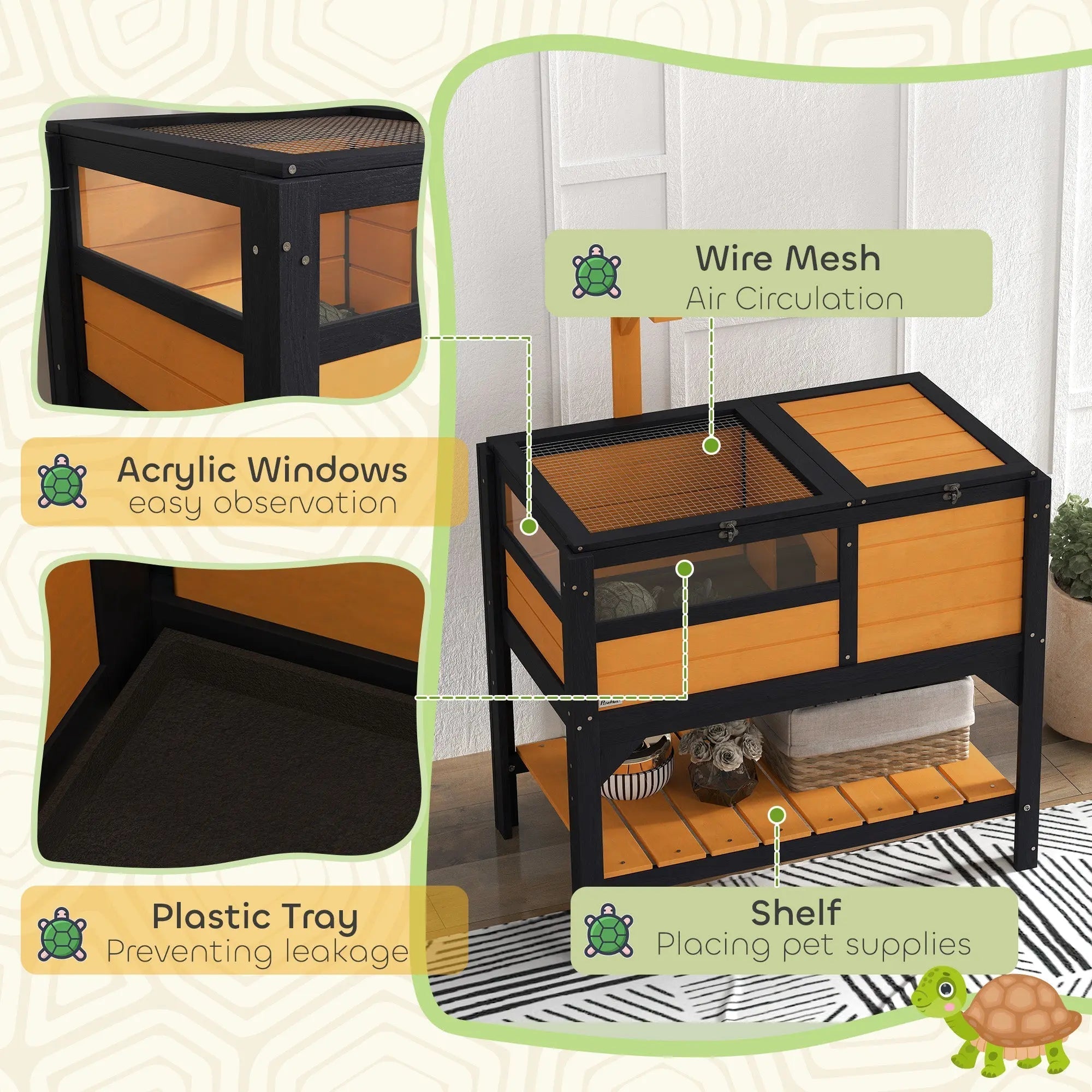 Pawhut wooden tortoise house 32h x 44l with black orange habitat acrylic windows wire mesh and plastic tray yellow
