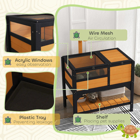 Pawhut wooden tortoise house 32h x 44l with black orange habitat acrylic windows wire mesh and plastic tray yellow