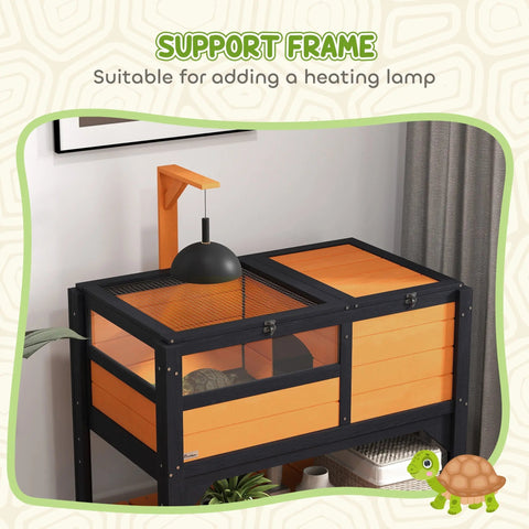 Pawhut wooden tortoise house in orange and black with shelter run lamp holder and tray sized 81l x 48w cm