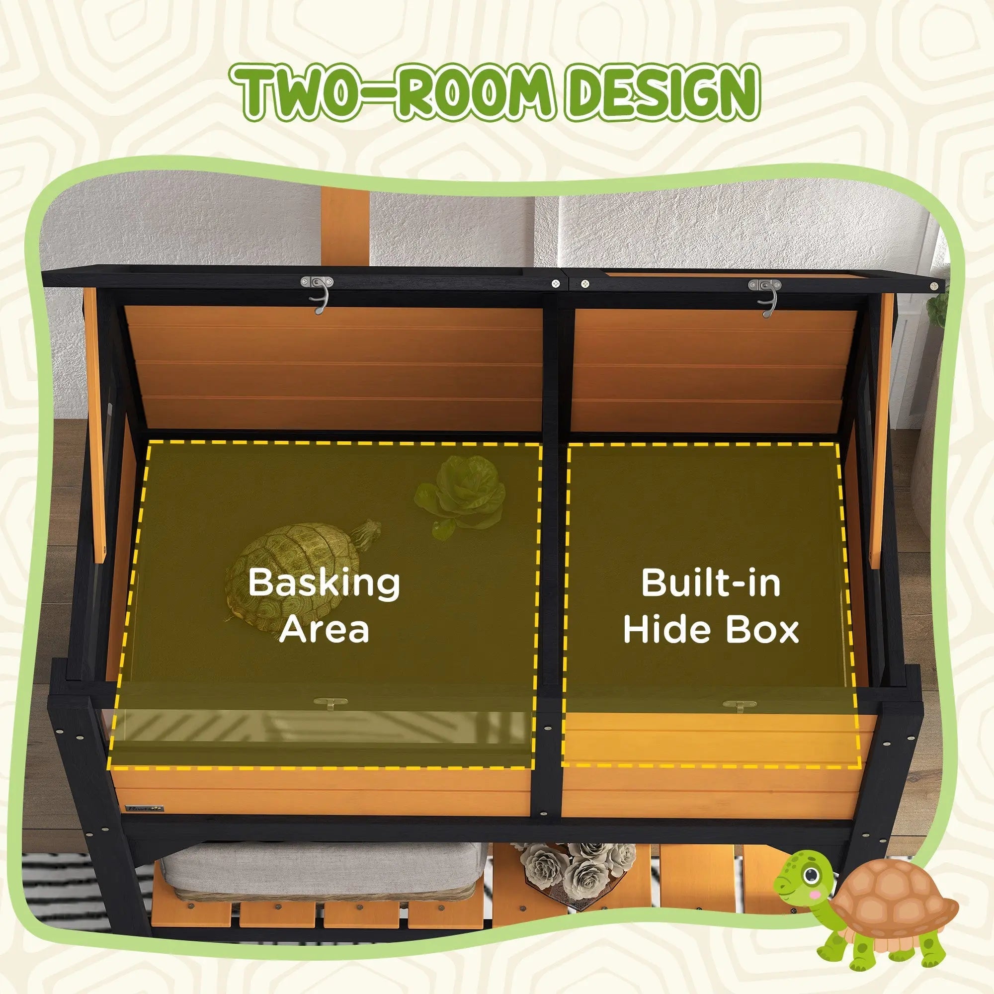 Pawhut wooden tortoise house in black and orange with 32h x 44l cm compartments for basking and hide box