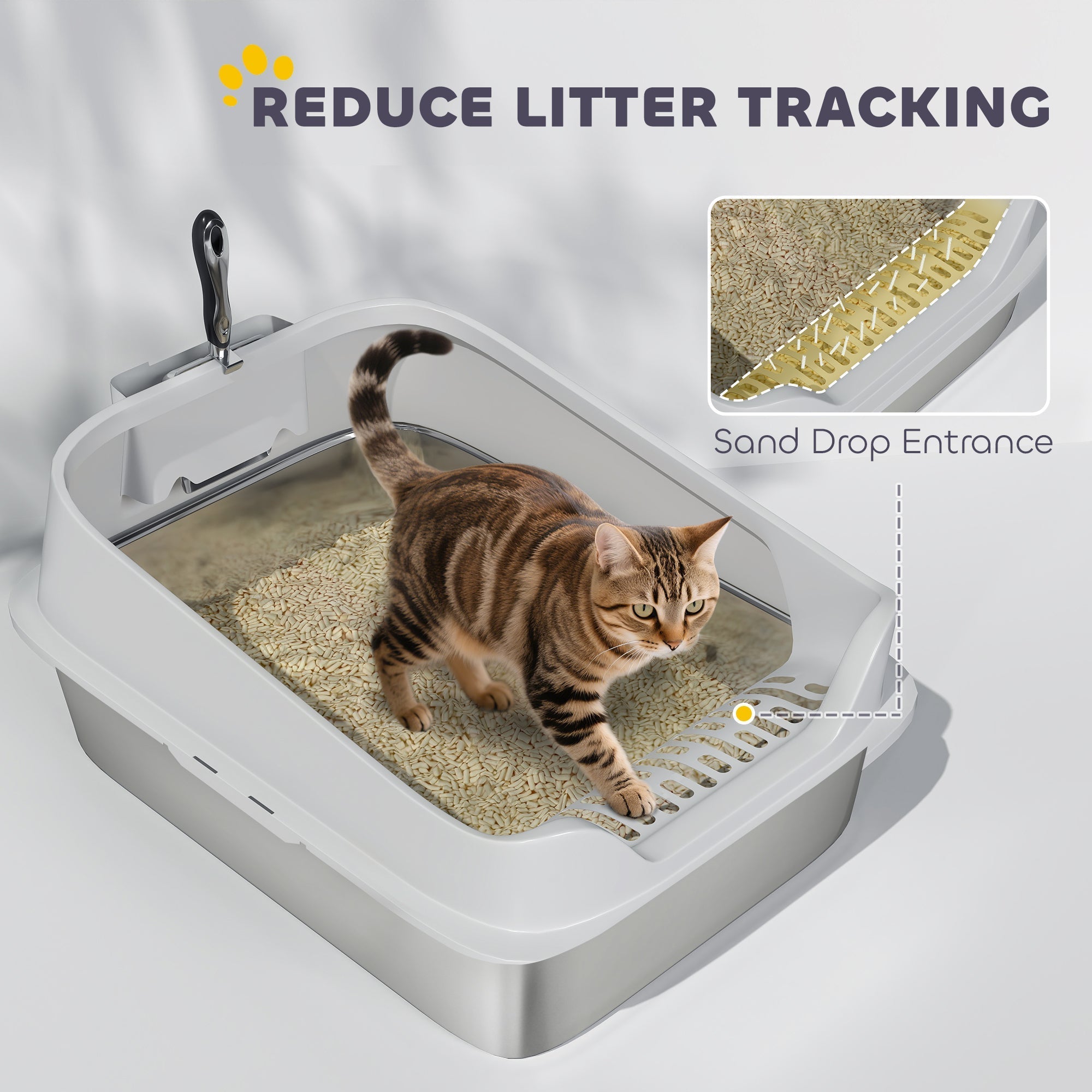 Gray plastic cat litter box with sand drop entrance and built-in scoop for pawhut xl stainless steel litter box use