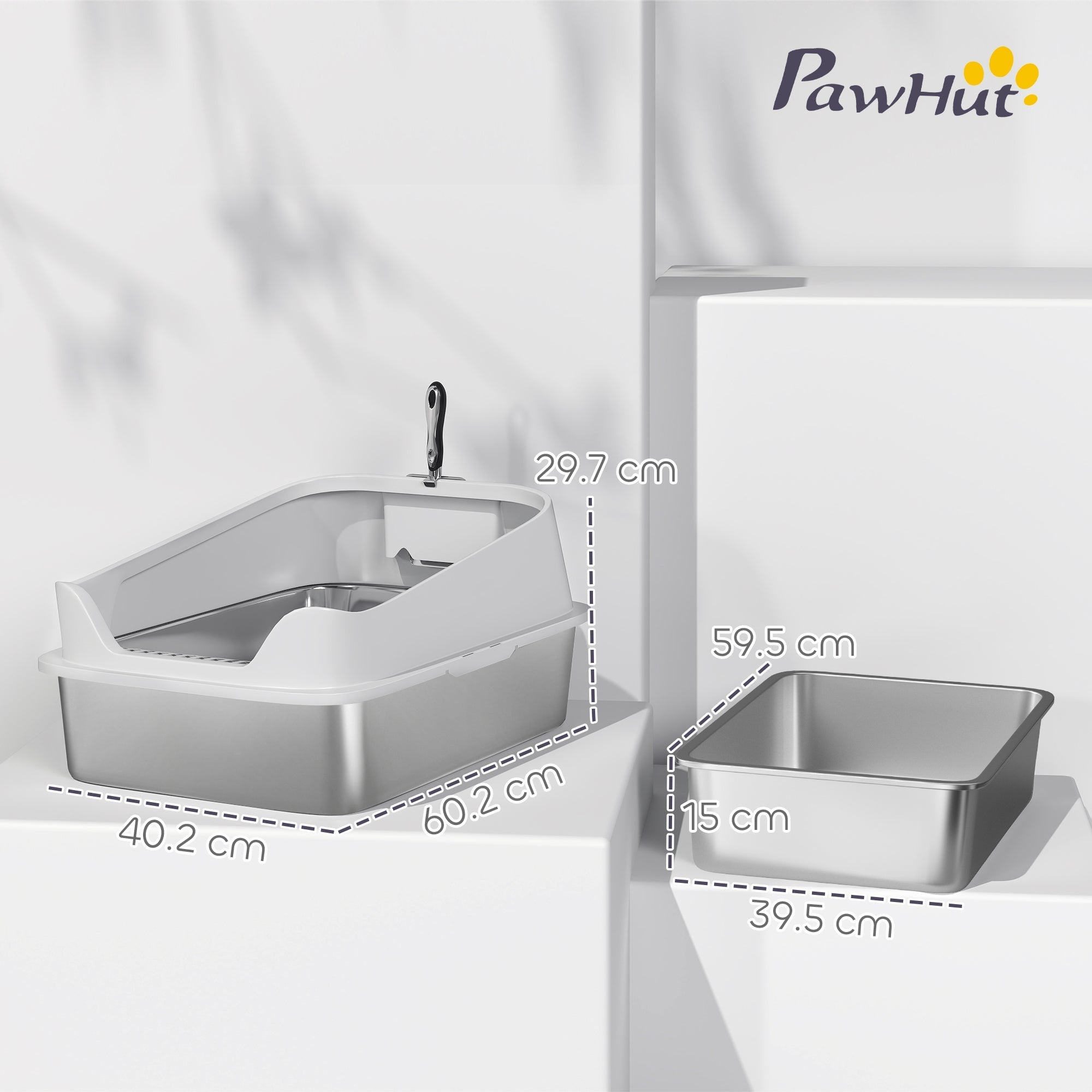 Gray plastic cat litter box with stainless steel interior and metal scoop for easy cat litter cleanup