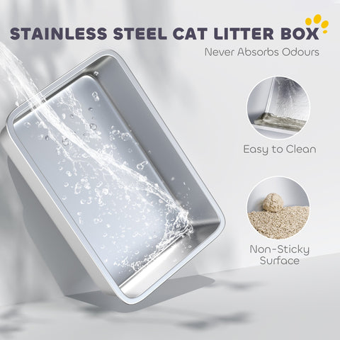 Pawhut xl stainless steel cat litter box with high sides and shiny metallic finish for easy cleaning and durability