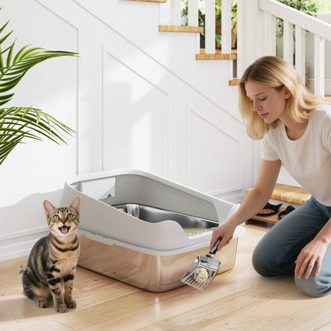 Modern gray and stainless steel cat litter box with high sides and sleek curved design for easy cleaning